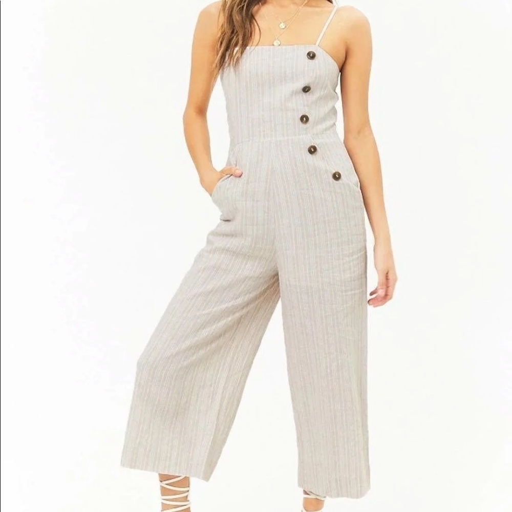 Striped Linen-Blend Button Palazzo Jumpsuit